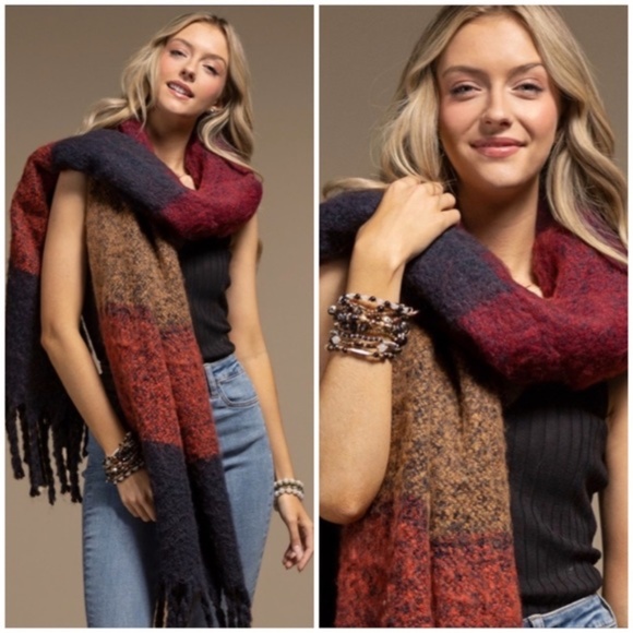 Accessories - Navy Multi Plush Wide Stripe Oblong Scarf Winter Women's Casual Knit Extra Long